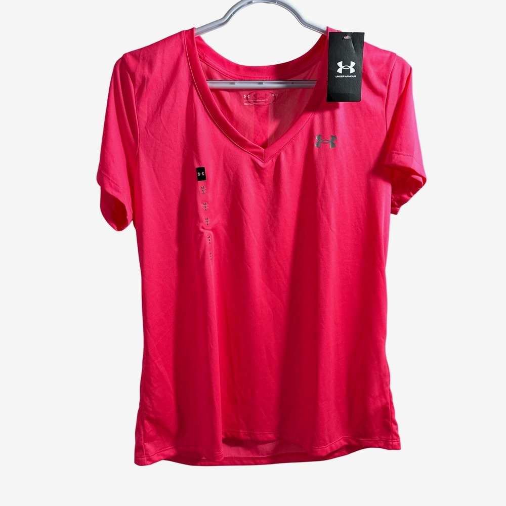 Under Armour Womens HeatGear Loose V-Neck Athletic T-Shirt Pink Large NWT